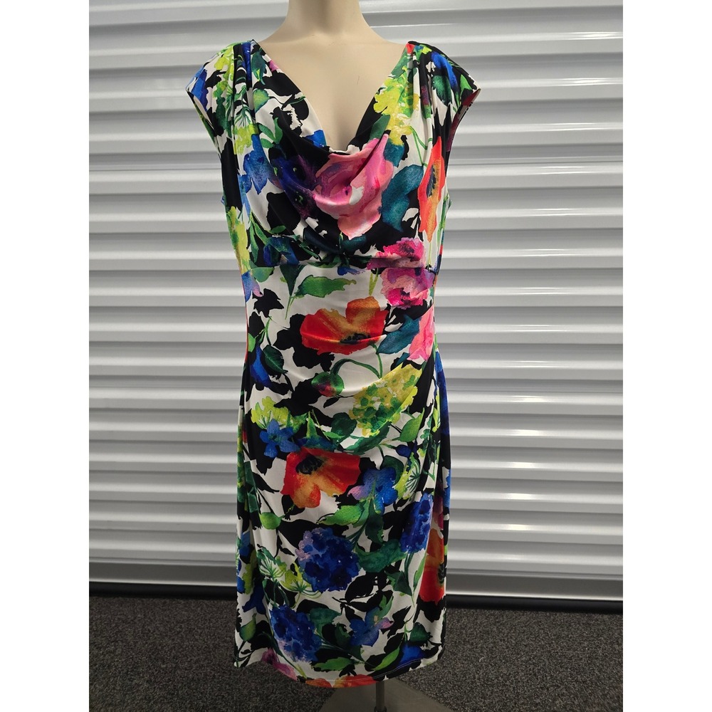 Lauren Ralph Lauren Floral Cowl Neck Ruched Sheath Dress White Multi Size 12 NEW